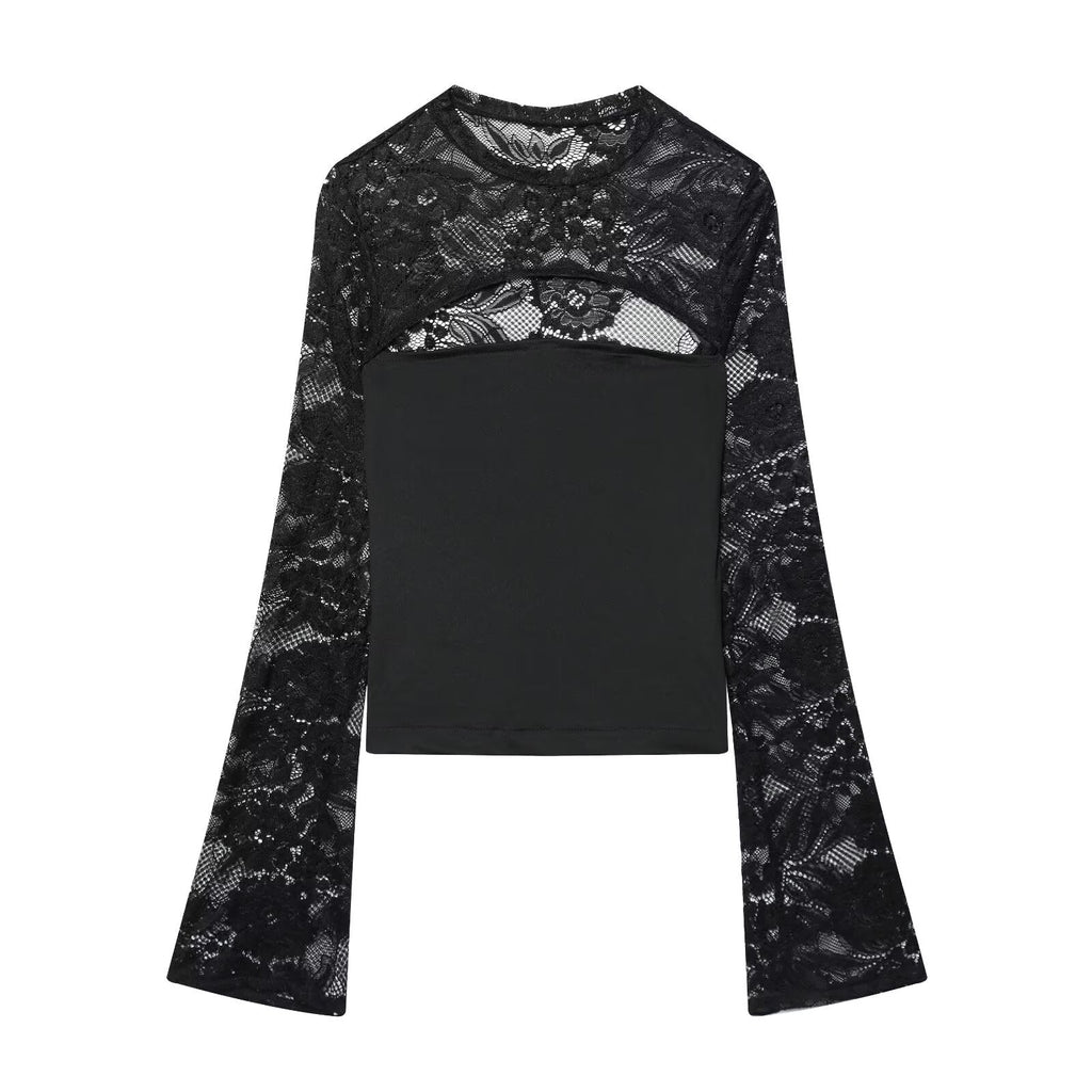 Women's lace patchwork hollow flared sleeve top