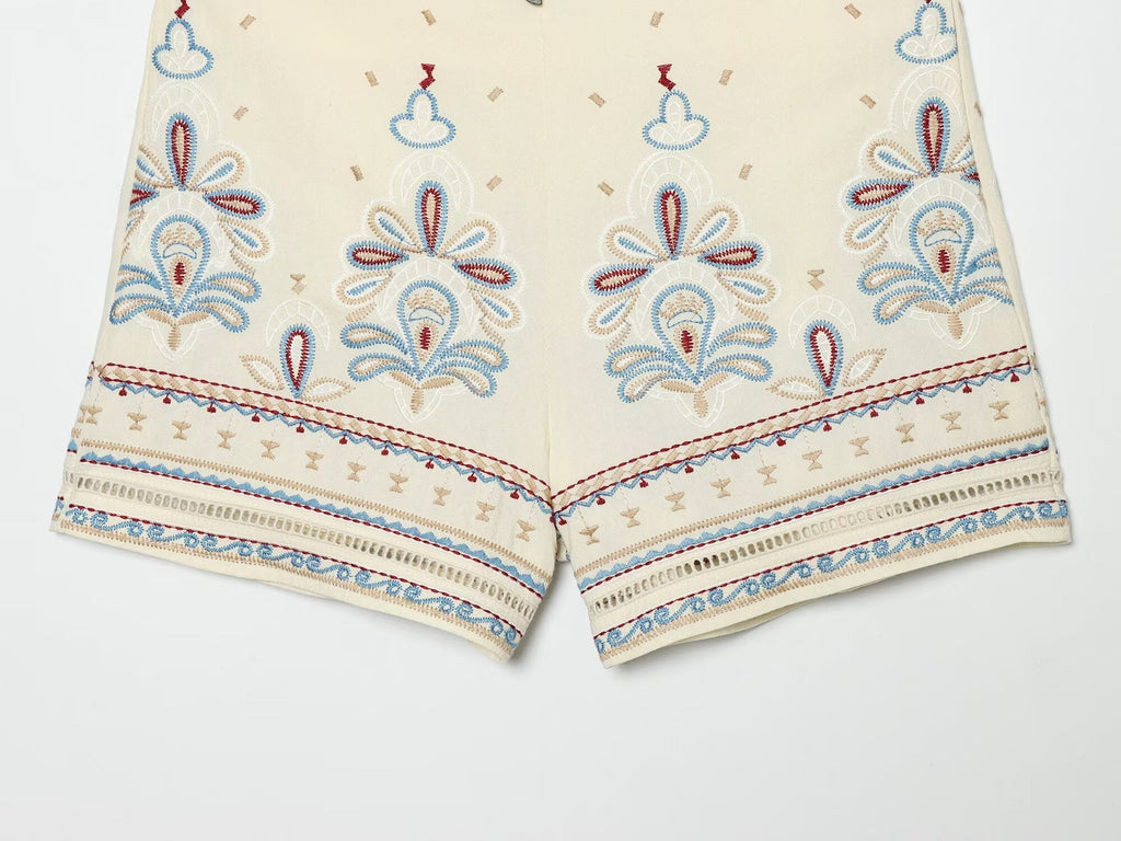 suit Women's 2 pieces linen blend embroidered top+Shorts