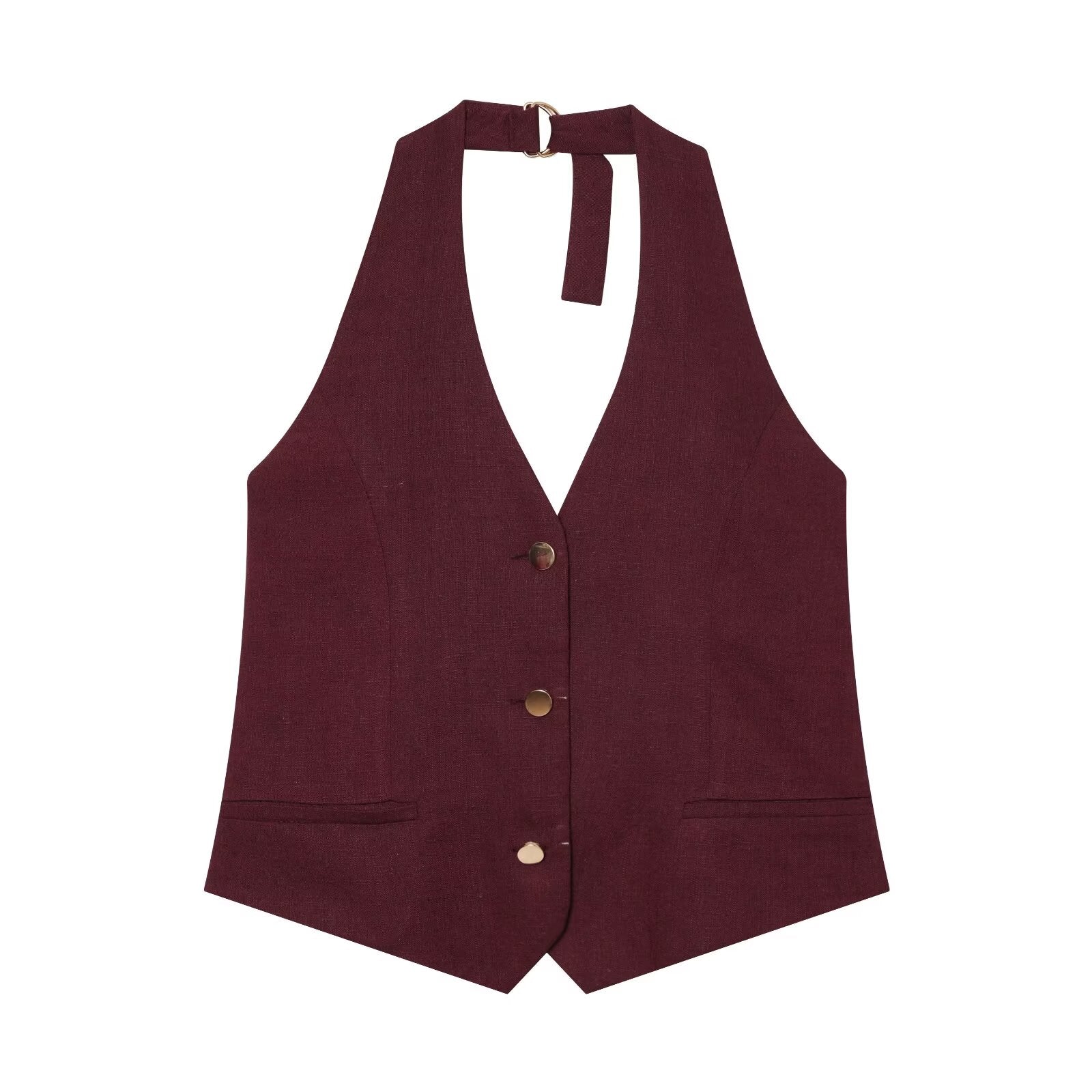 suit Women's 2 pieces linen blended halter neck vest+Shorts