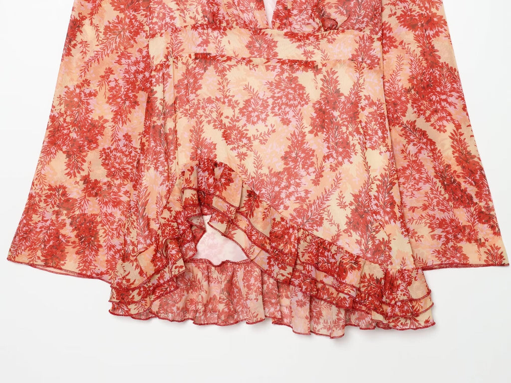 Women's V-neck printed ruffle mini dress