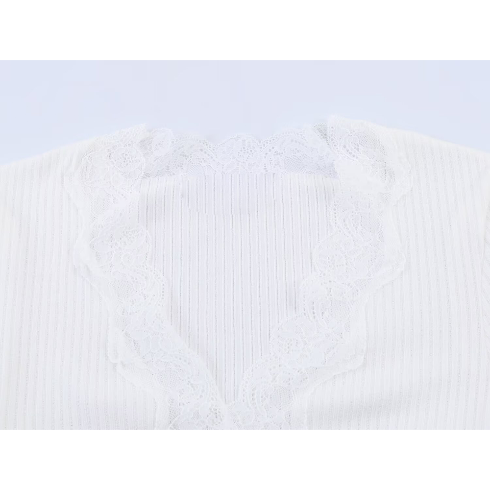 Women's slim V-neck lace ribbed T-shirt