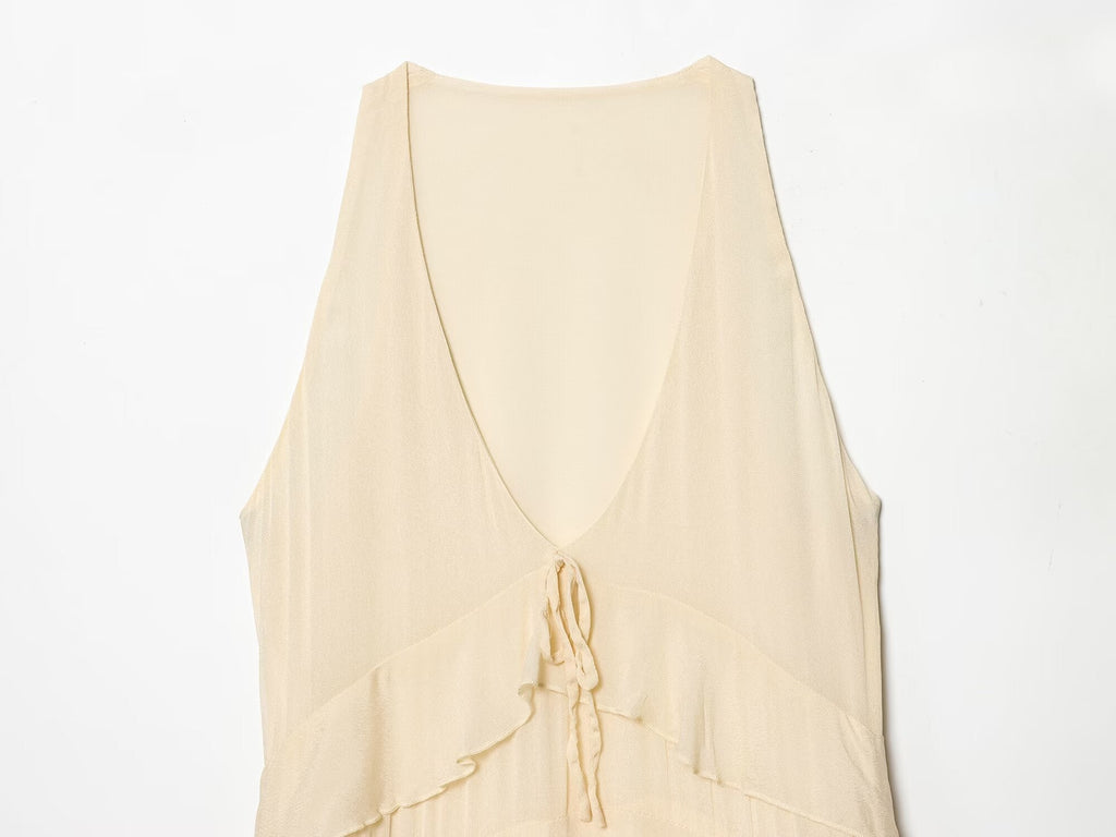 Women's layered decorative V-neck MIDI dress