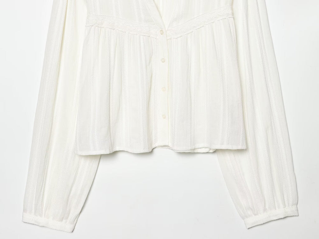 Women's lace decoration short V-neck shirt