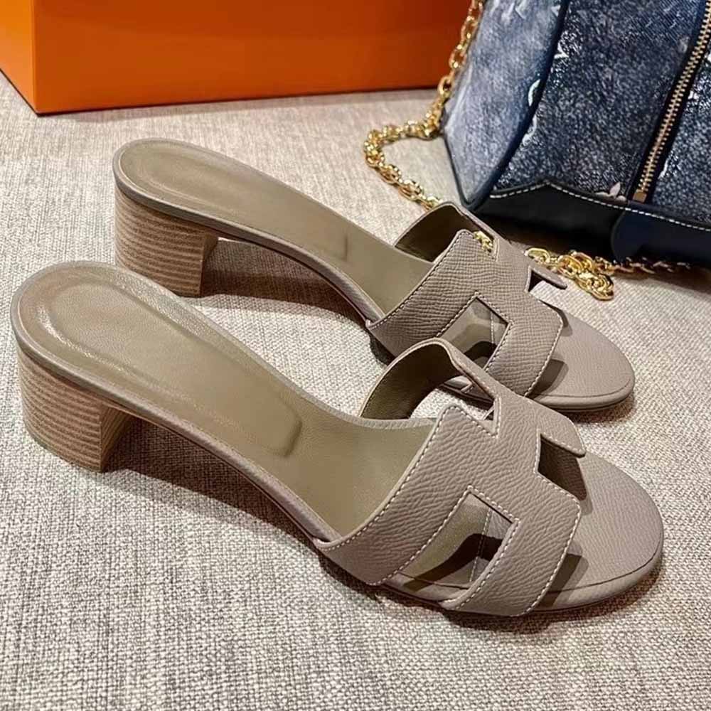 Women's New Fashion Joker Handmade Sewing Leather 5CM Heel High Thick Slippers Dry Heel Shoes