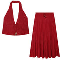 suit Women's 2 pieces linen blend pleated halter neck top+Skirts