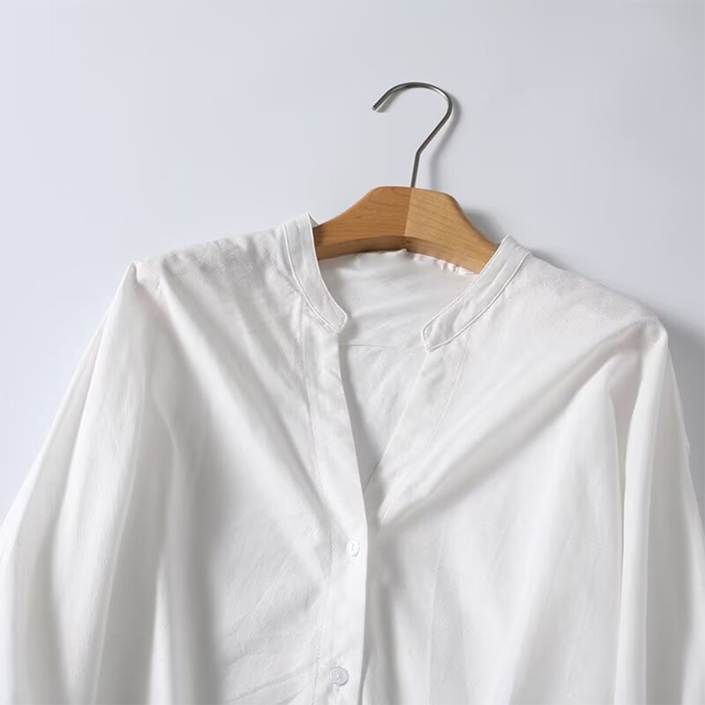 Women's linen blended stand collar shirt