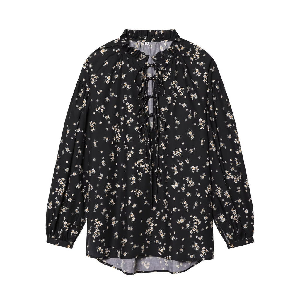 2026 Women's printed V-neck lace up shirt