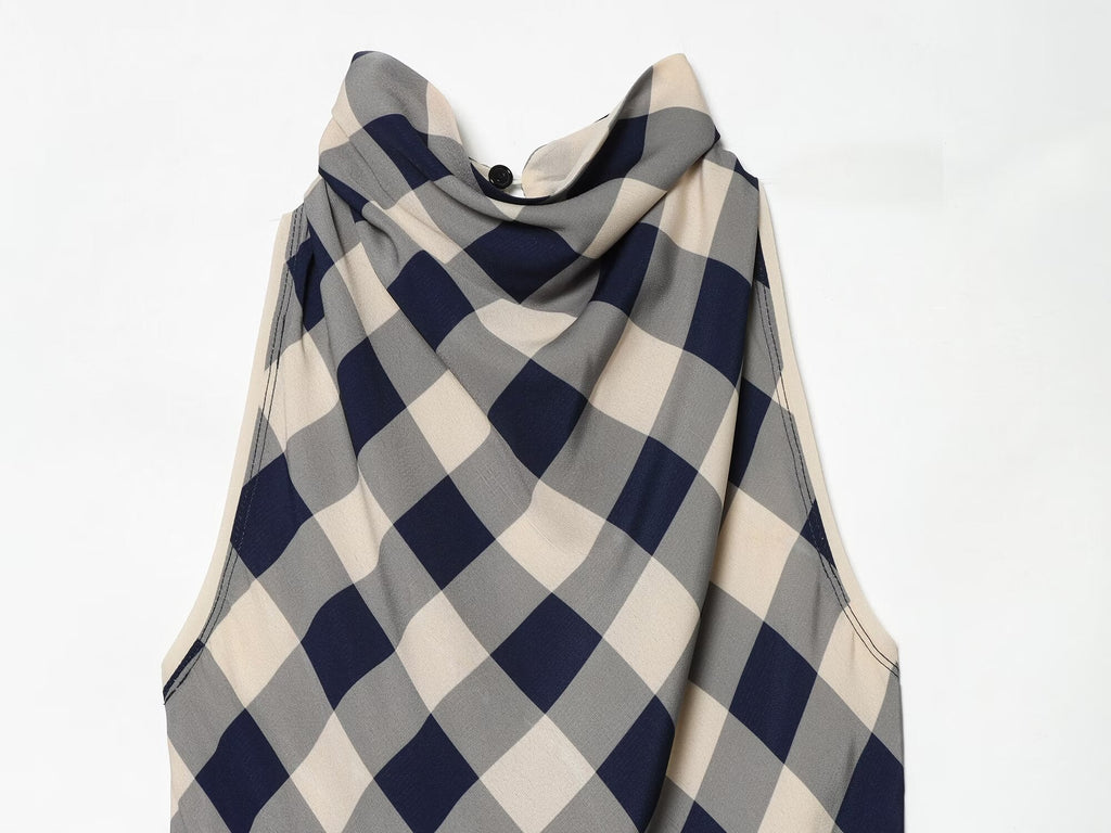 Women's plaid hanging collar MIDI dress