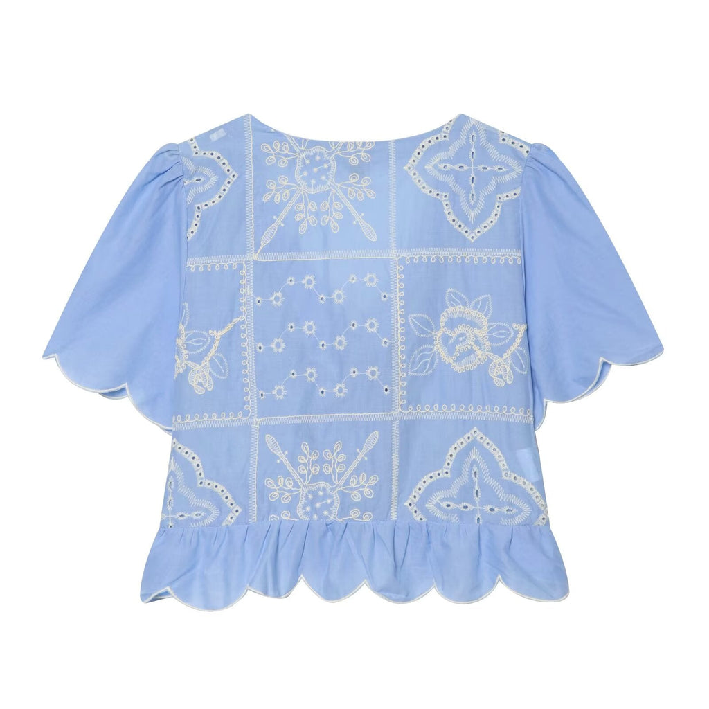 Women's bow decoration hollow embroidery shirt