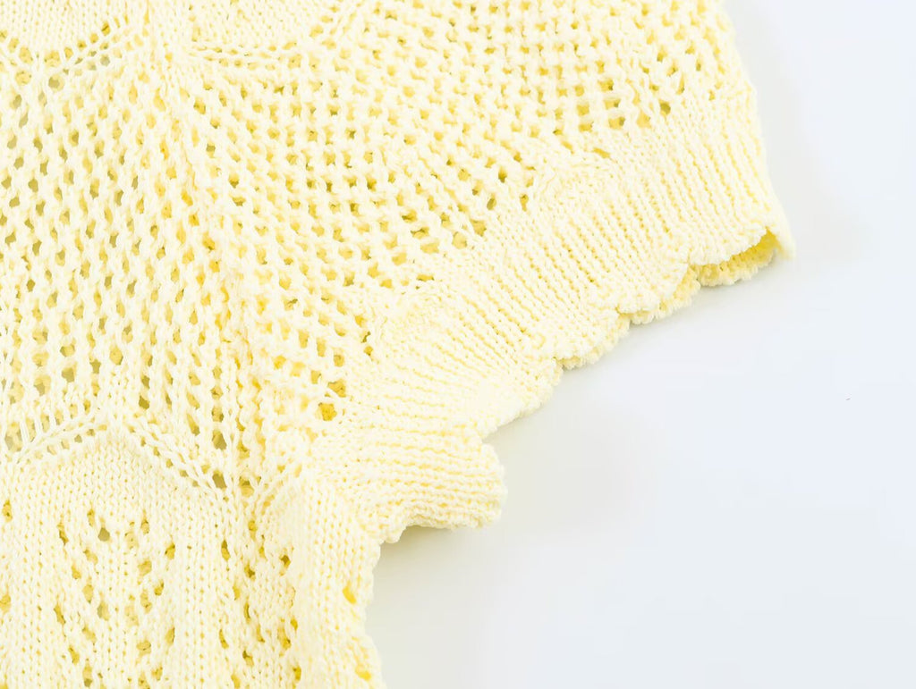 Women's short sleeved hollow knitted cardigan