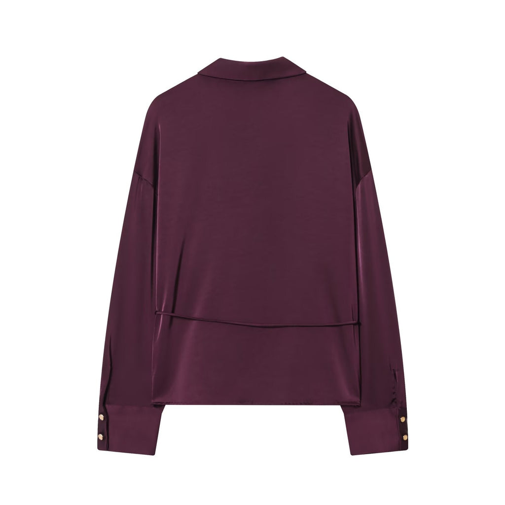 Women's New Fashion With Belt Satin Texture Lapel Shirt