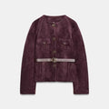 Women's new fashion with Belt suede texture effect O Neck suit jacket