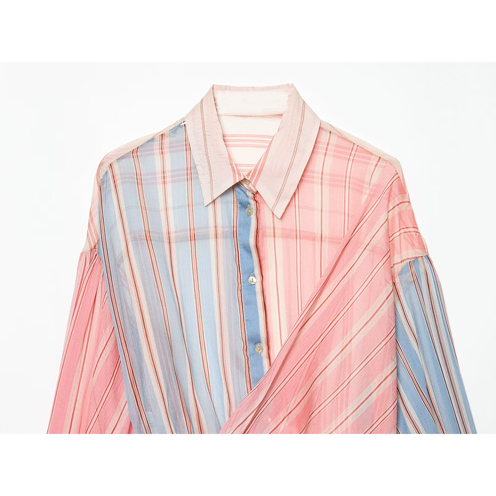 Women's micro transparent striped patchwork lace up shirt