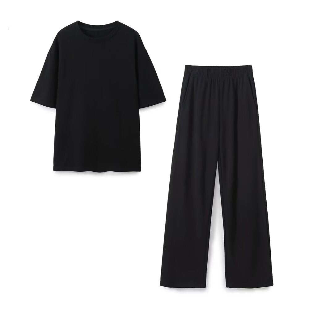 suit Women's 2 pieces washed double-sided fabric T-shirt+pants