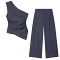 suit Women's 2 pieces pleated asymmetrical top+ wide leg pants
