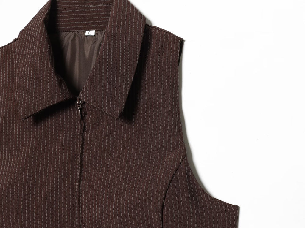 suit Women's 2 pieces sleeveless lapel striped zipper vest+Pants