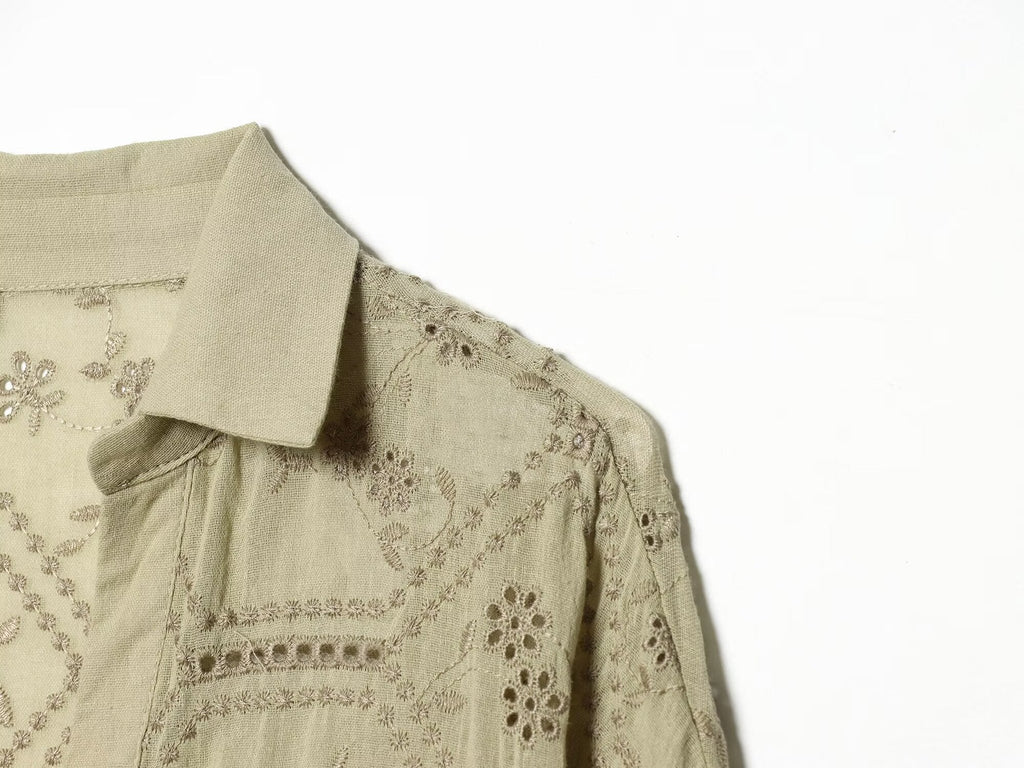 Women's hollowed out embroidered lapel shirt