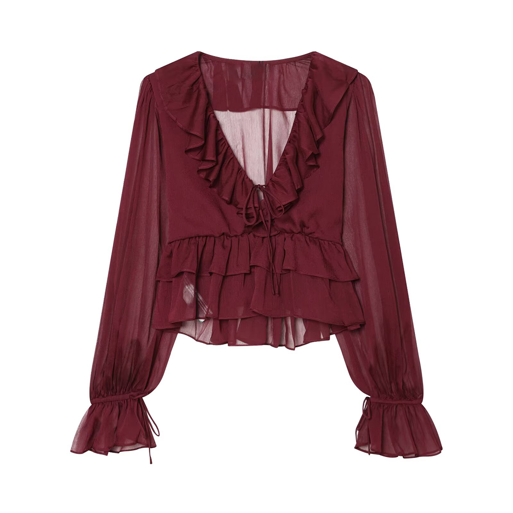 Women's slightly transparent ruffled V-neck top