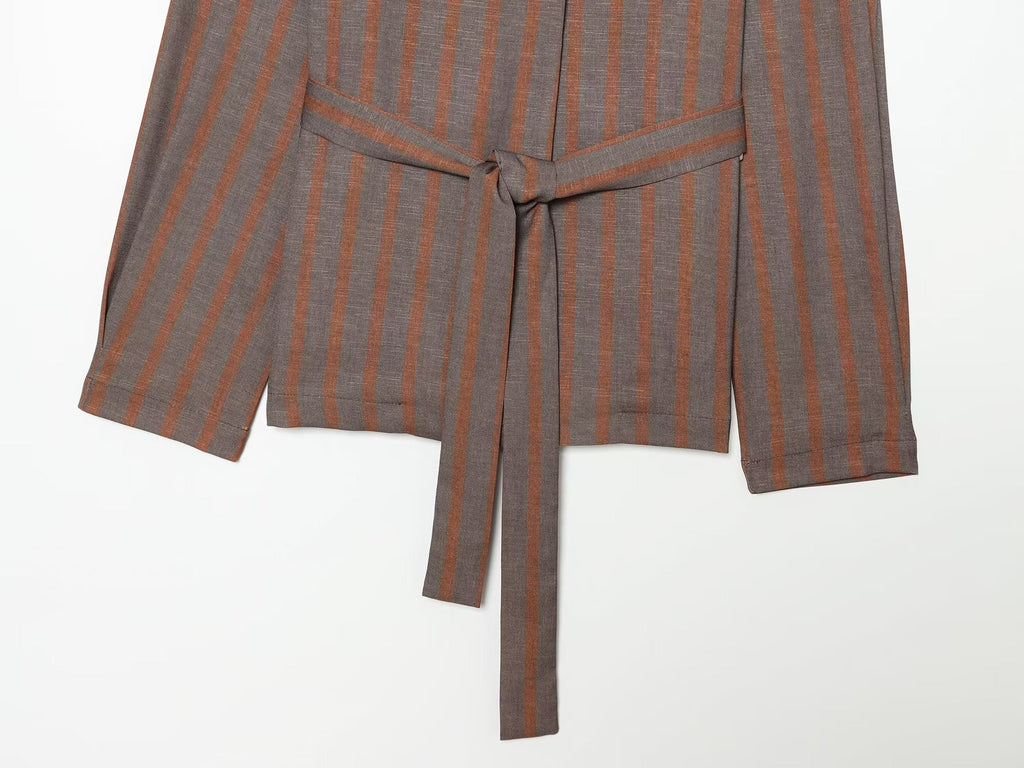 suit Women's 2 pieces with Belt linen blend striped Blazer Coat+Pants