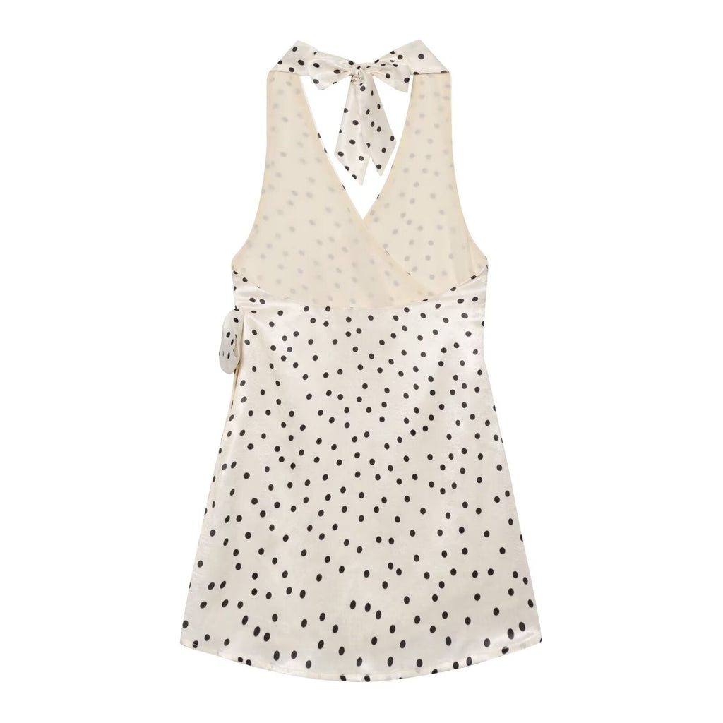 Women's satin textured polka dot halter neck dress
