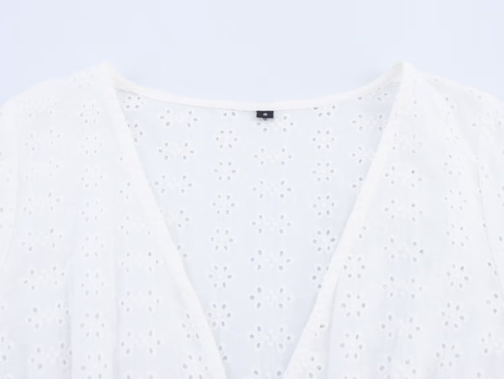 Women's hollowed out embroidered V-neck shirt