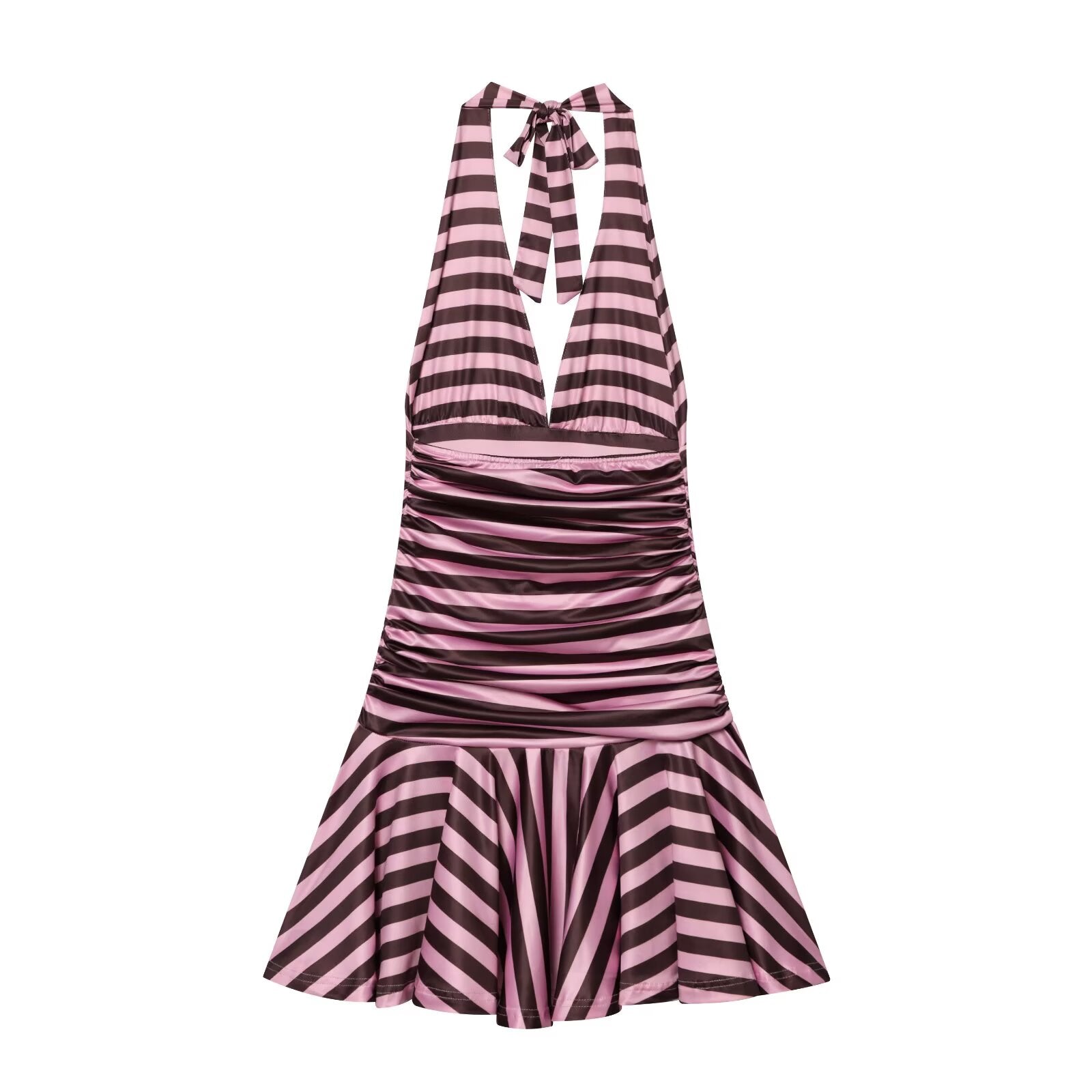 Women's striped pleated V-neck halter neck dress