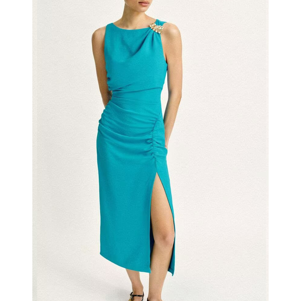 Women's slit design pleated Midi dress