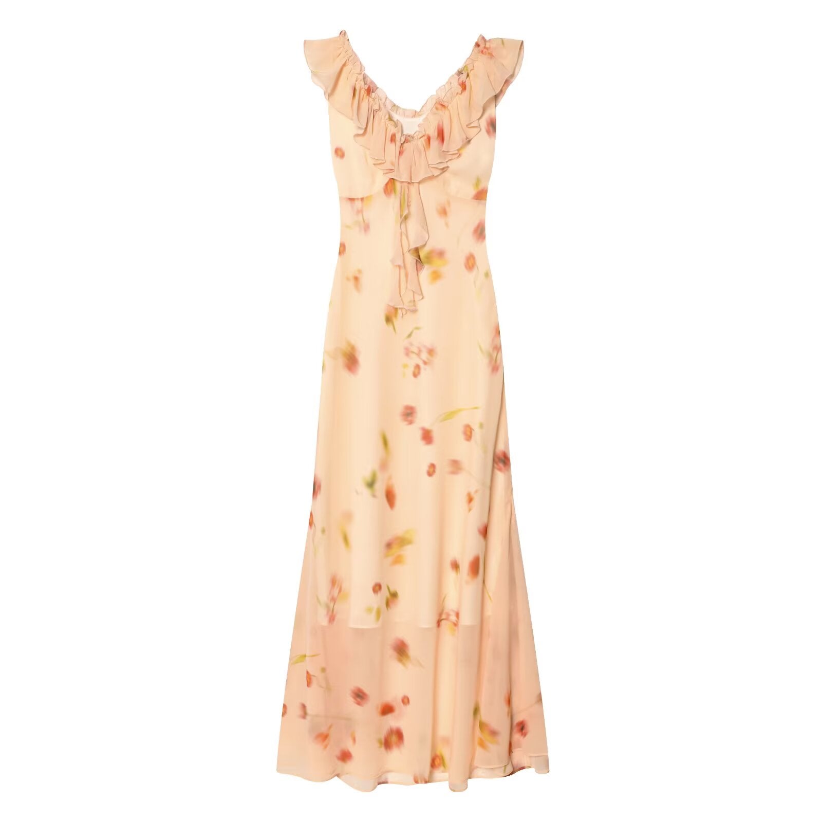 Women's ruffle edge decorative printed MIDI dress