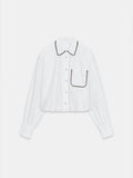 Women's new fashion bead decoration bubble sleeve poplin shirt