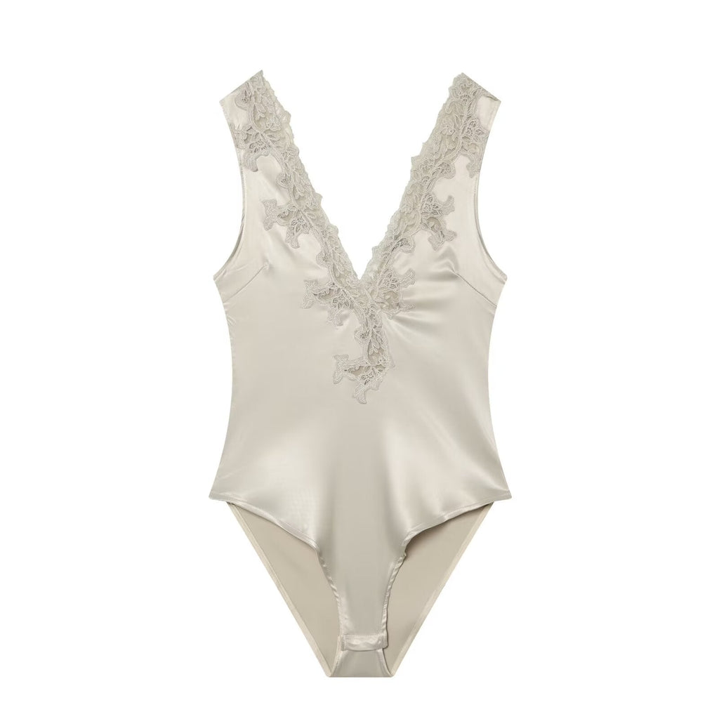 Women's lace decorated satin textured bodysuit