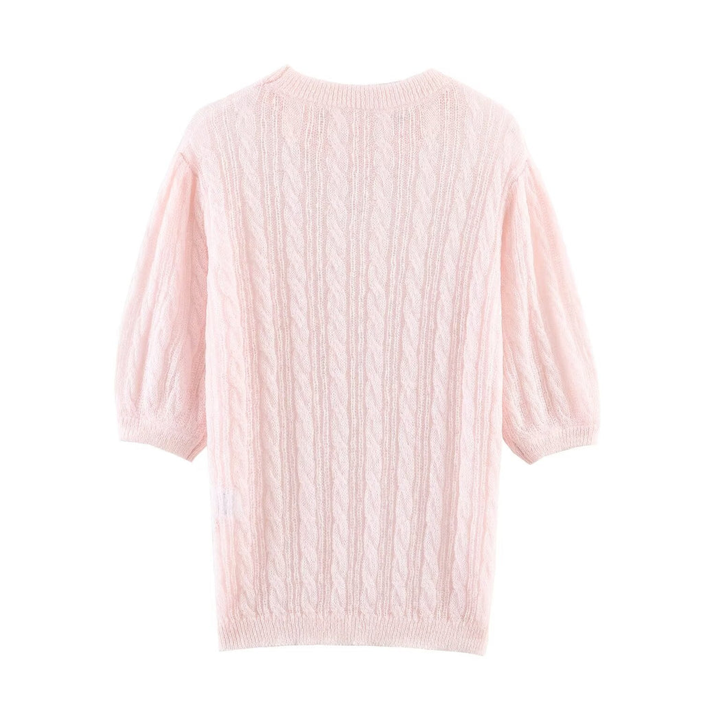 Women's O Neck short sleeved hollow knit sweater