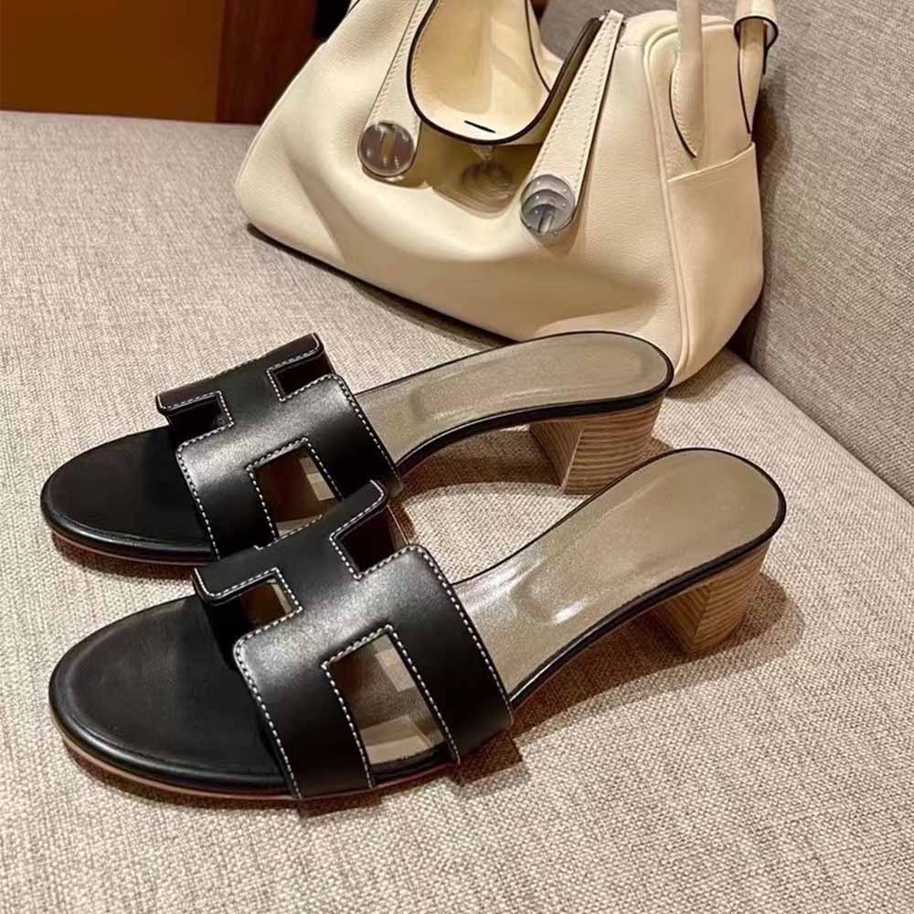 Women's New Fashion Joker Handmade Sewing Leather 5CM Heel High Thick Slippers Dry Heel Shoes