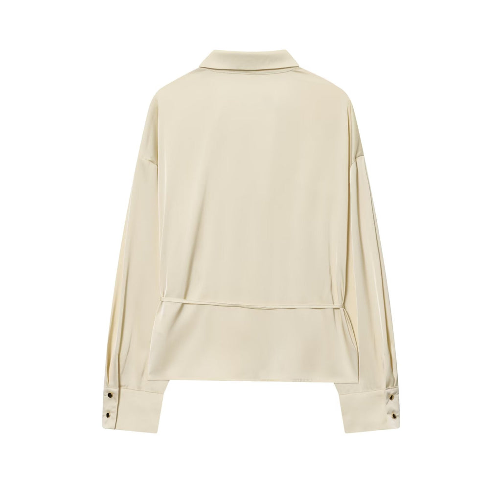 Women's New Fashion With Belt Satin Texture Lapel Shirt