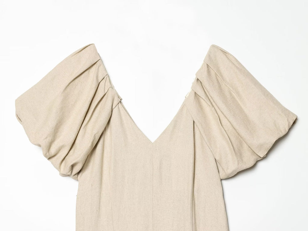 Women's Bubble sleeve Linen Blend Midi Dress