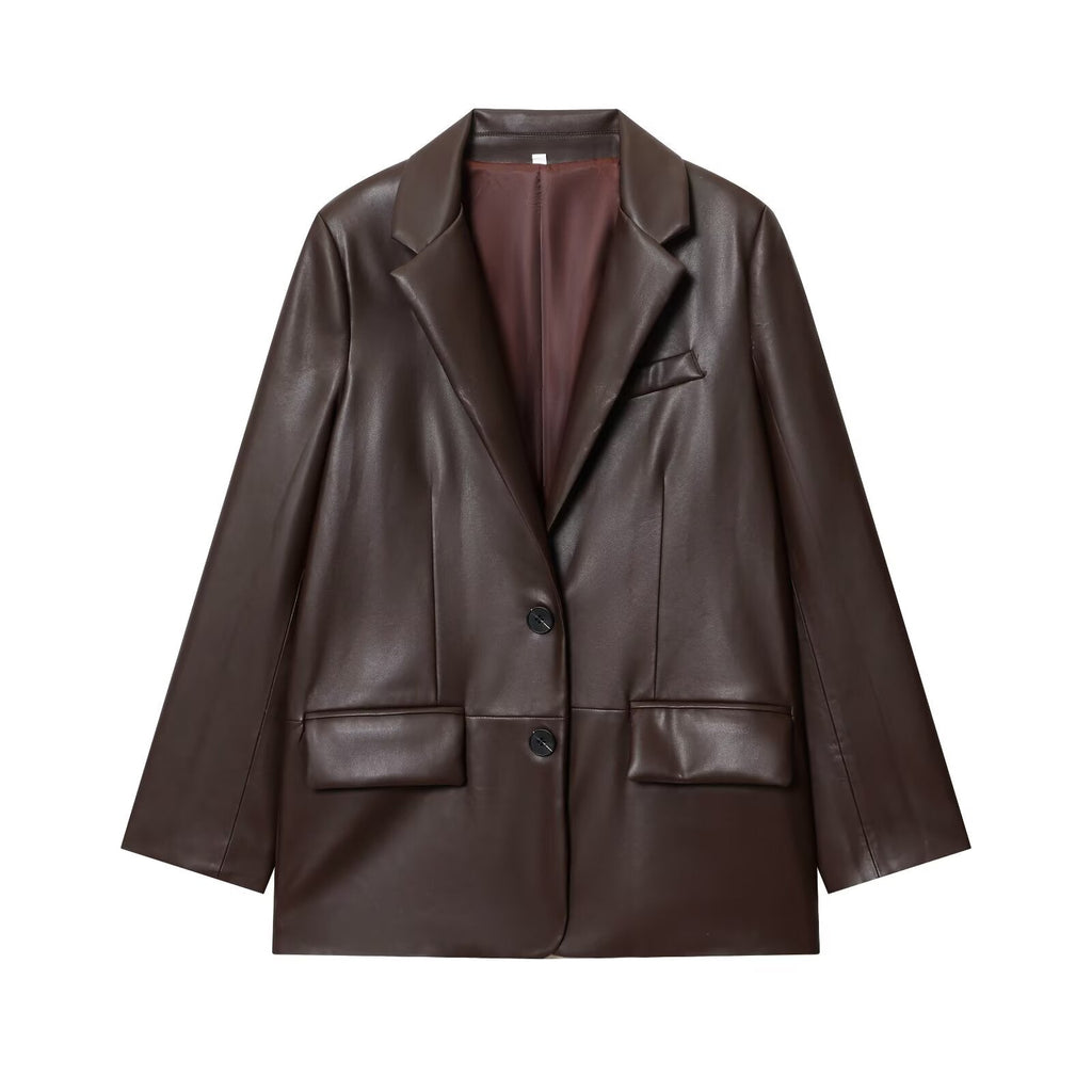 Women's new fashion loose leather effect straight suit jacket