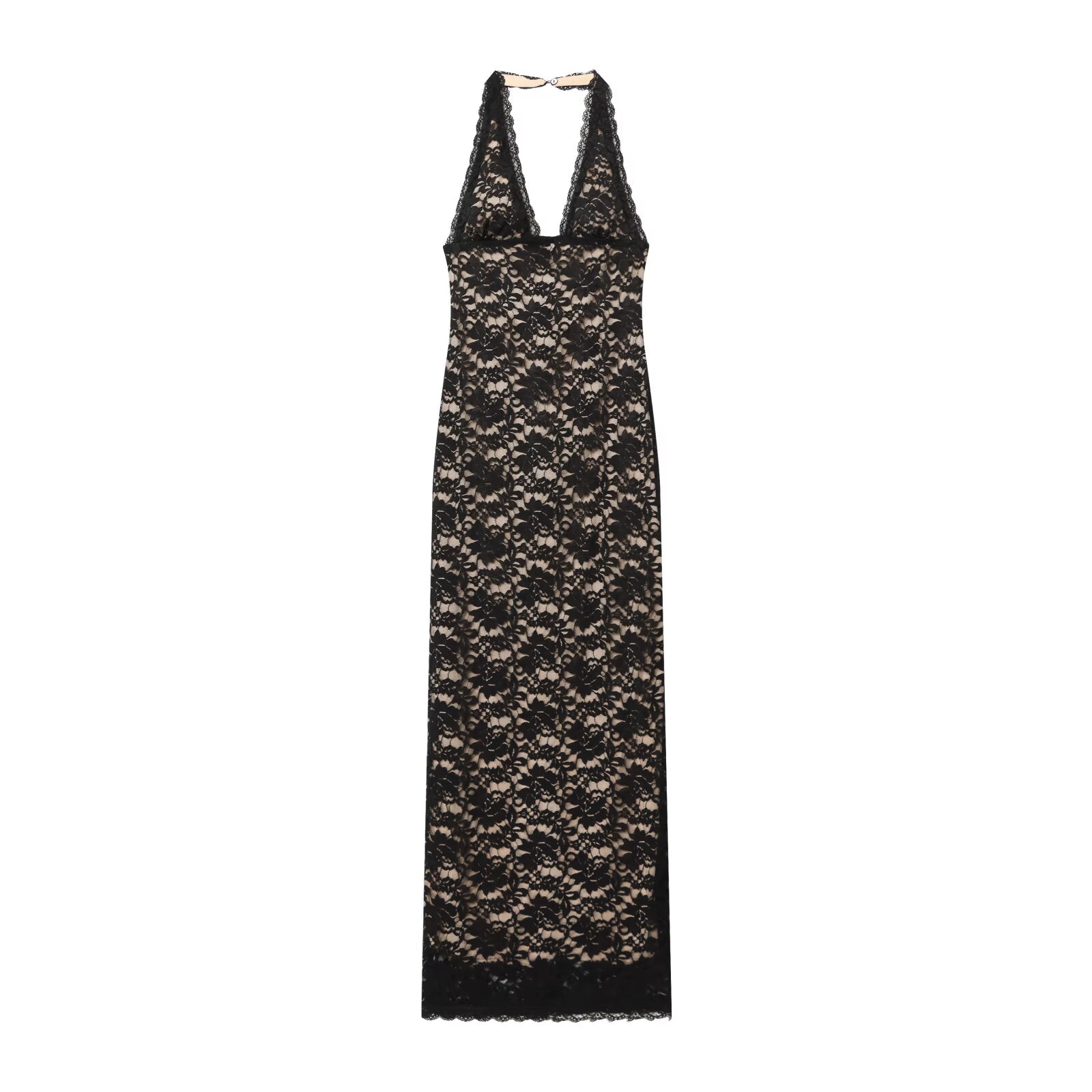 Women's slim hanging neck lace MIDI dress