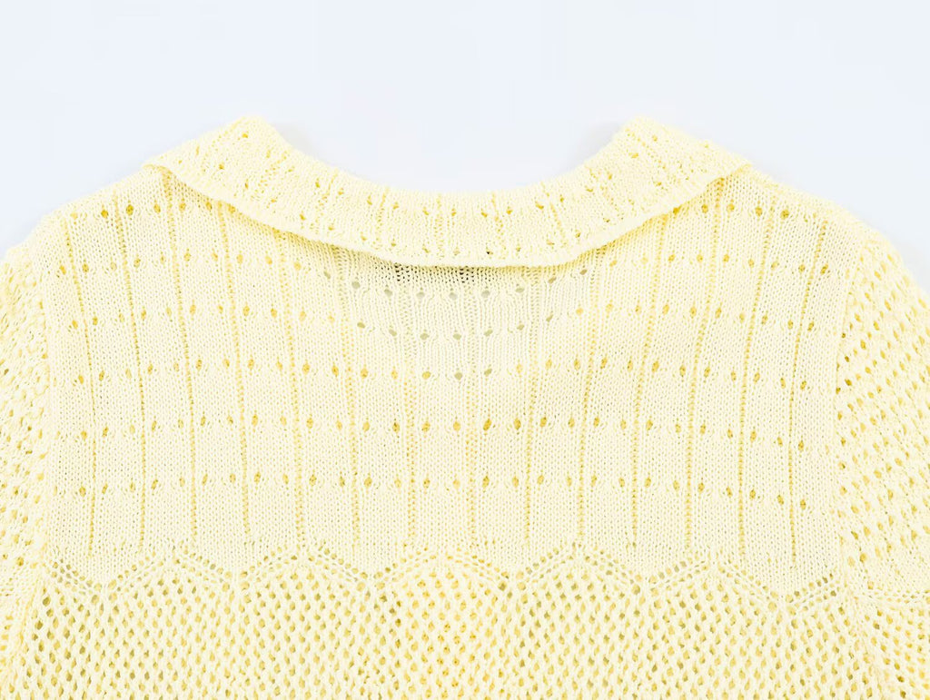 Women's short sleeved hollow knitted cardigan