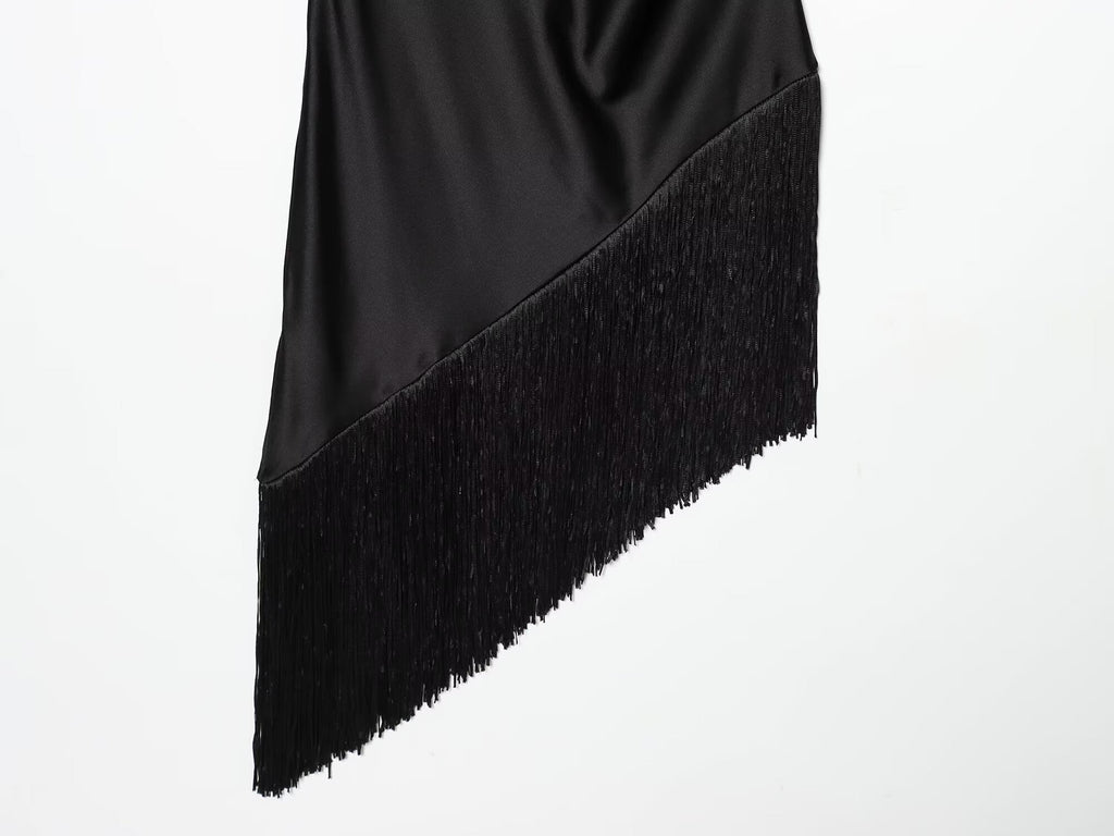 Women's tassel decorated long style satin top