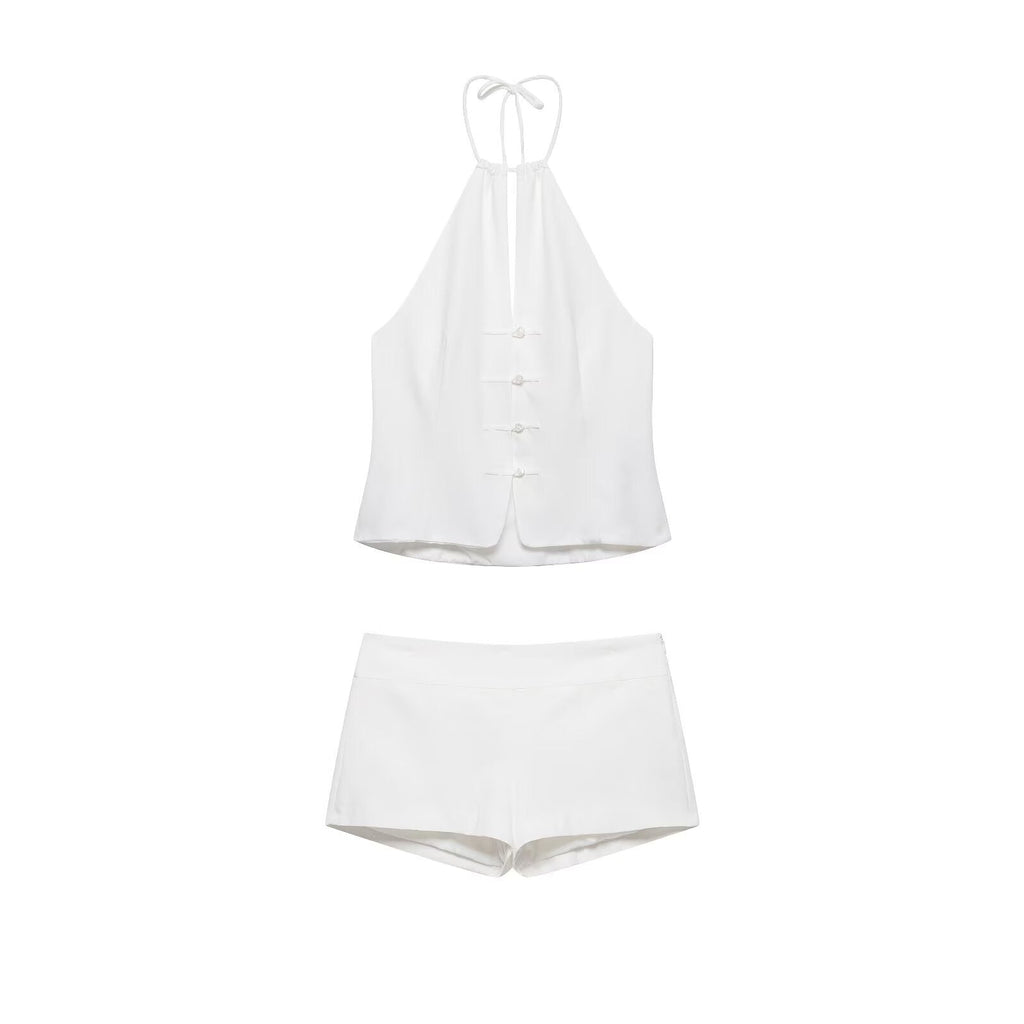 suit Women's 2 pieces buckle decoration hanging neck top+shorts
