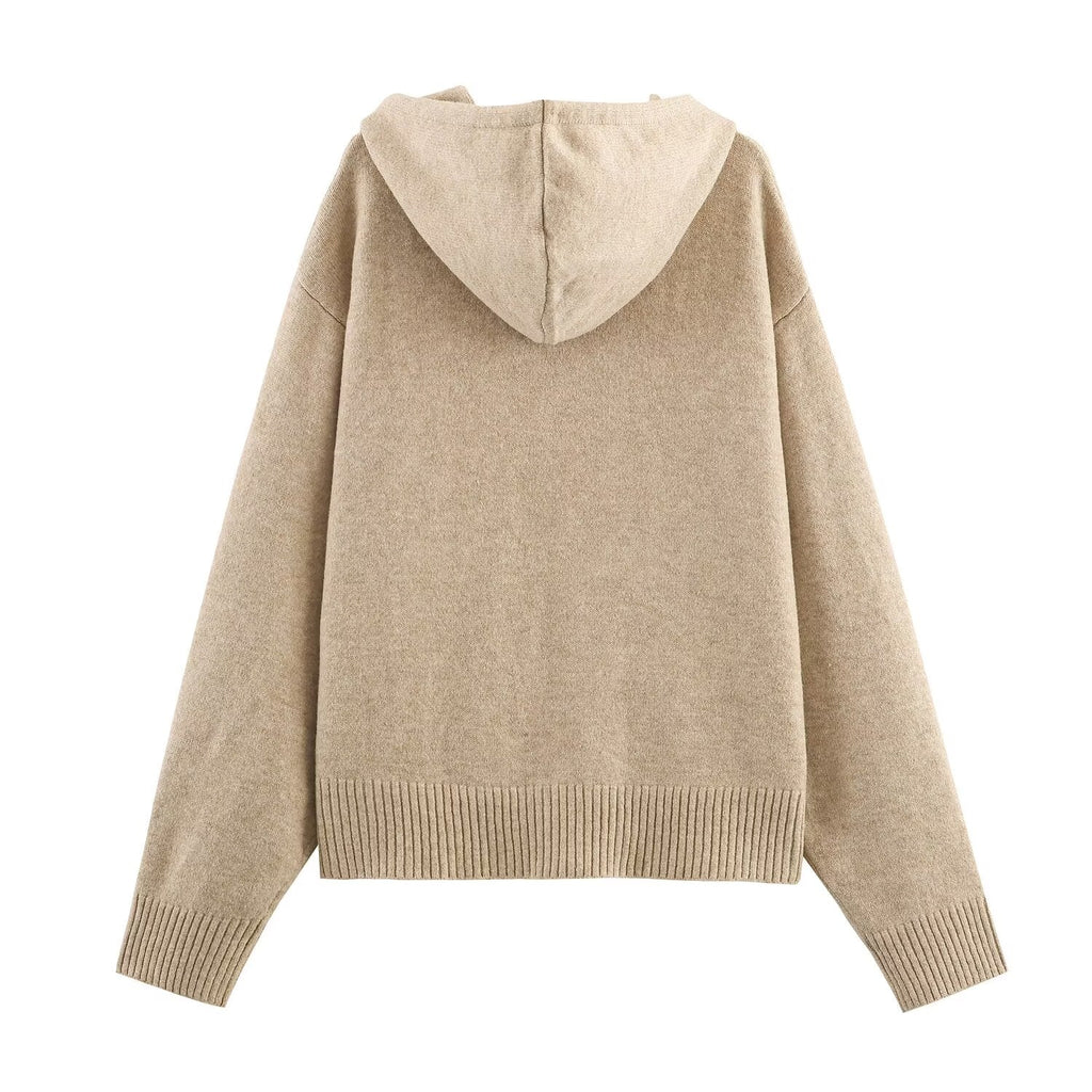 Women's 2025 New Loose Zipper Knitted hooded sweatshirt