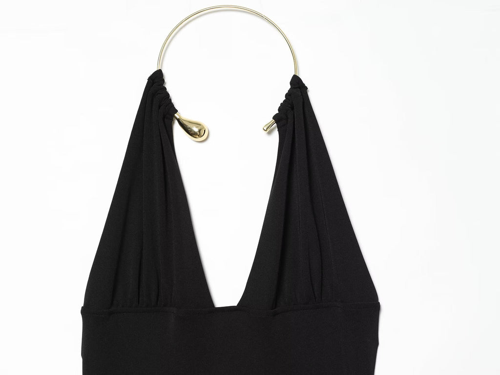 Women's black sexy halter neck dress
