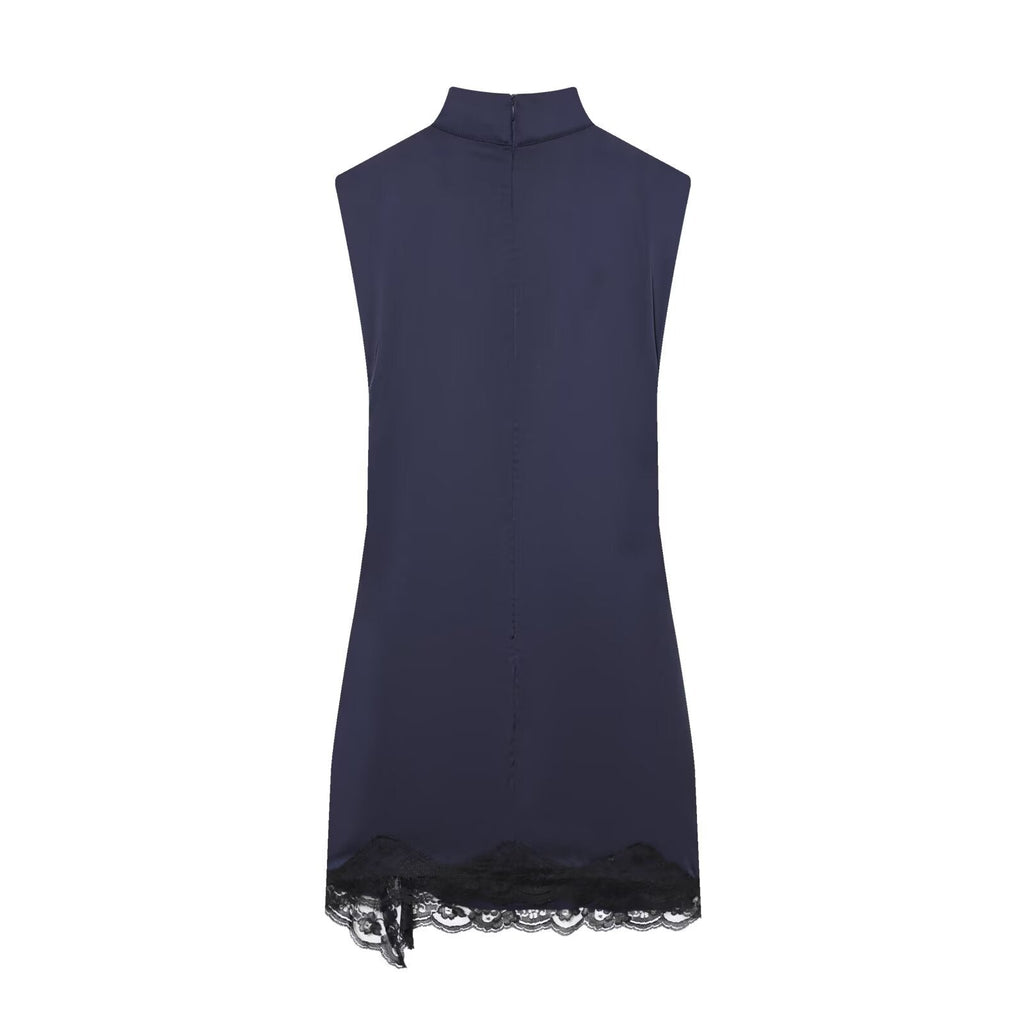Women's lace patchwork satin texture mini dress