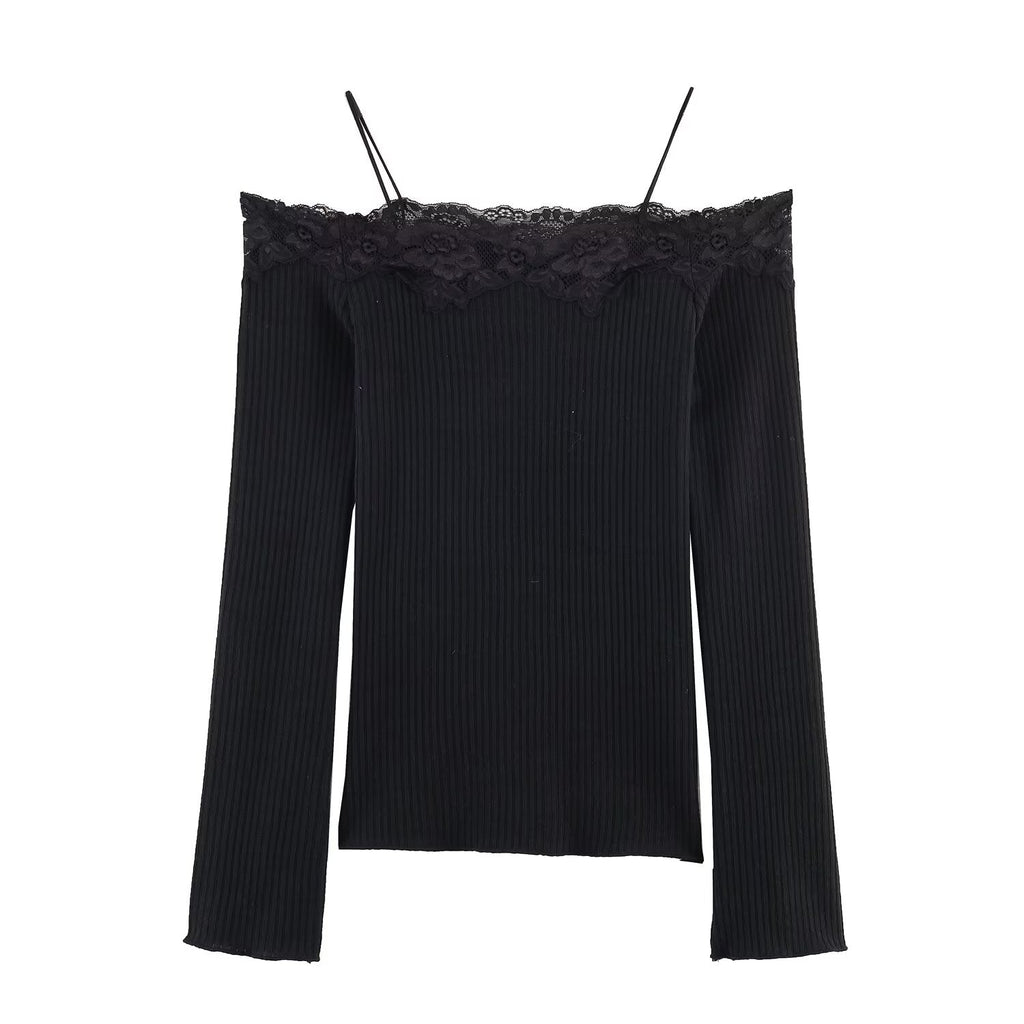 Women's off shoulder long sleeved patchwork T-shirt
