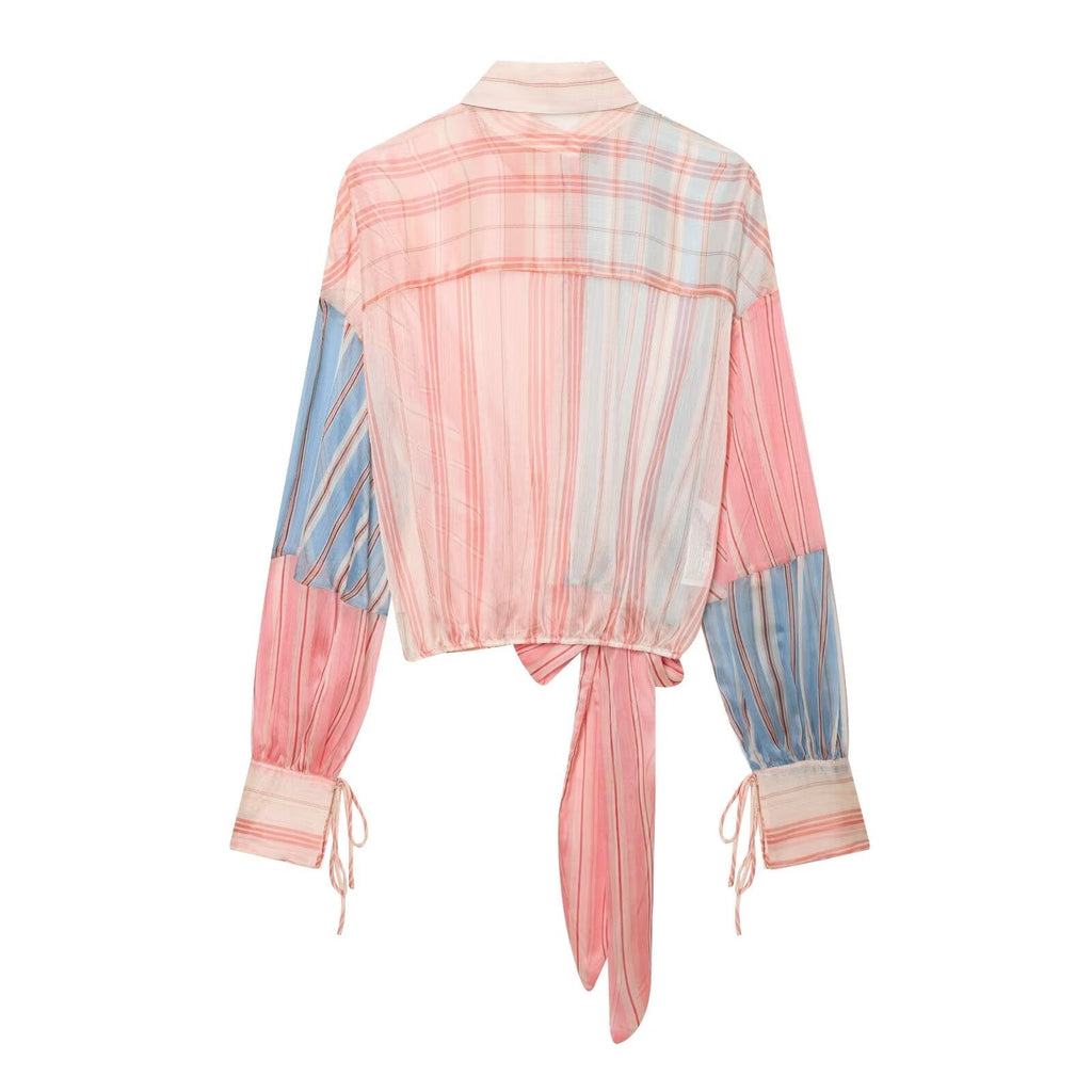 Women's micro transparent striped patchwork lace up shirt