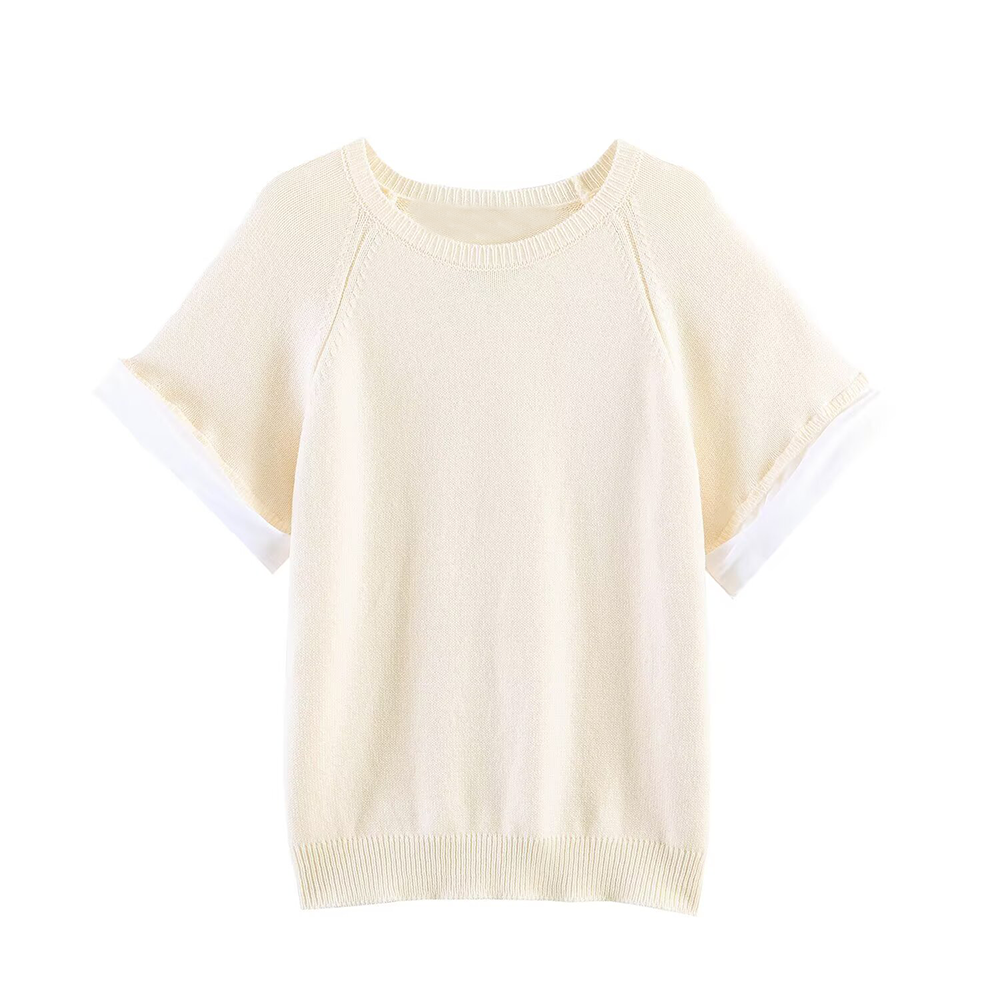 Women's rolled up sleeve patchwork knit Shirt