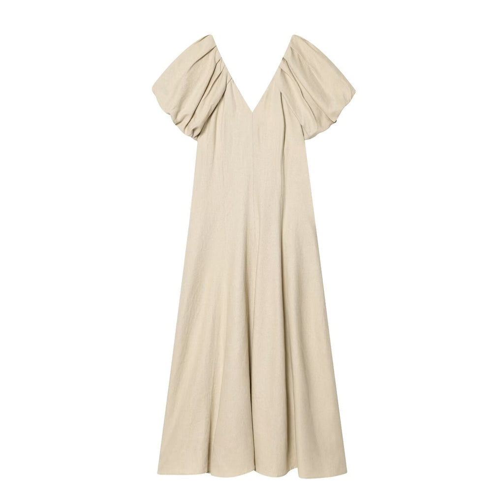 Women's Bubble sleeve Linen Blend Midi Dress