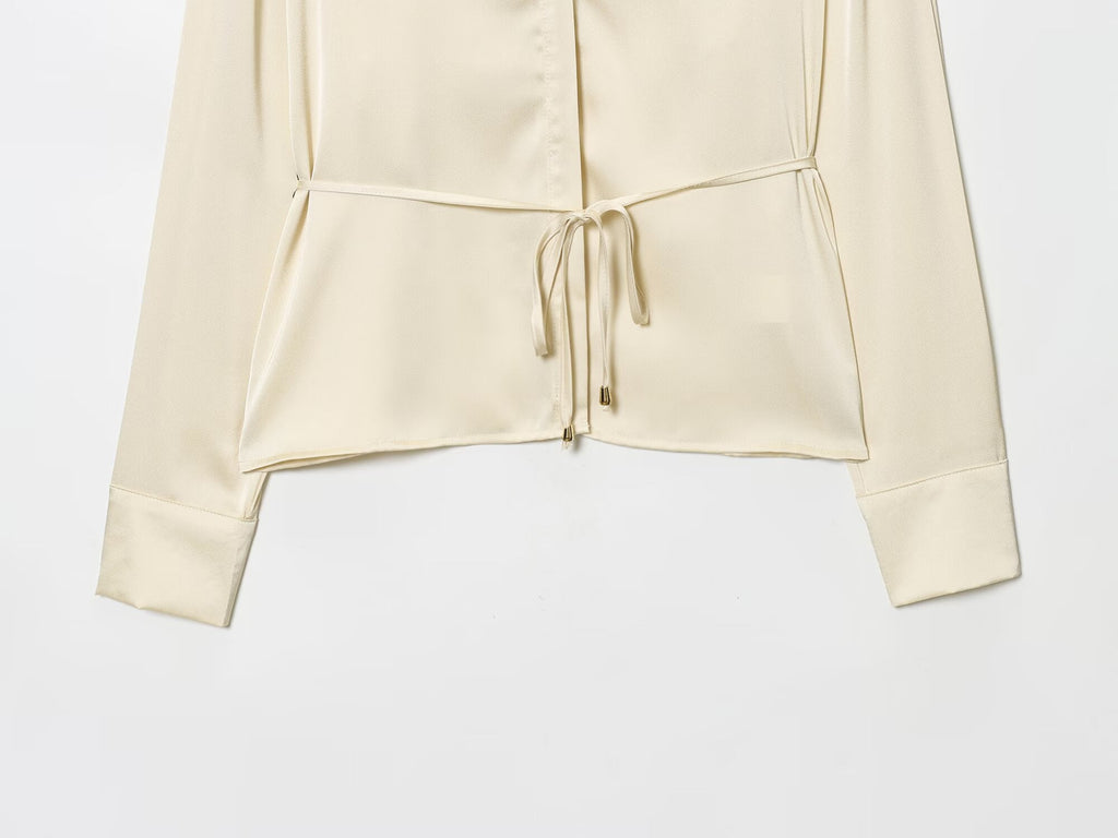 Women's New Fashion With Belt Satin Texture Lapel Shirt