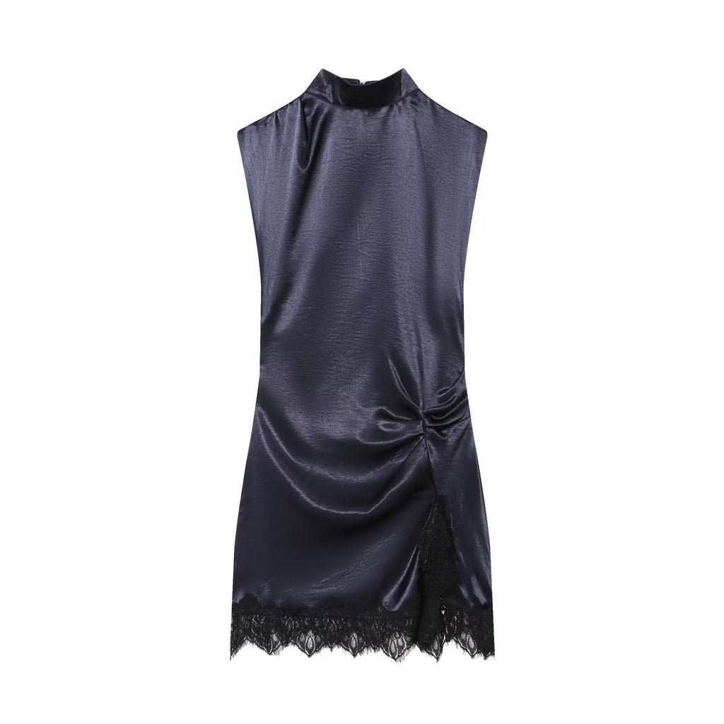 Women's satin textured sleeveless lace dress