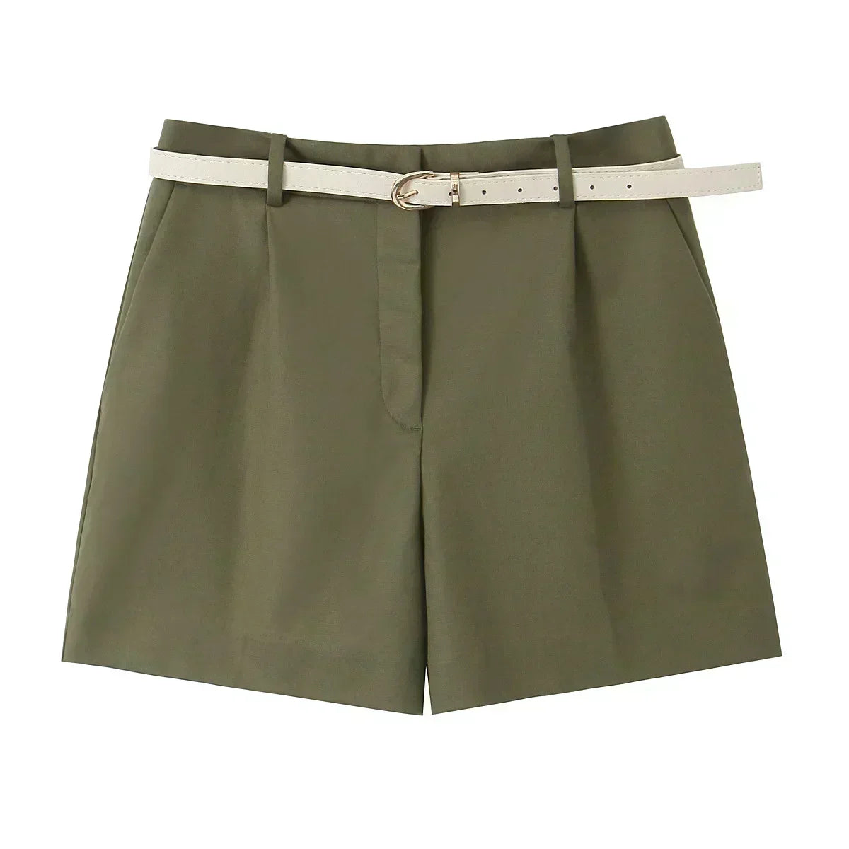 Women's New Chic Fashion Belt Decoration Casual Versatile Pleated Shorts Retro High Waist Side Pocket Women's Shorts