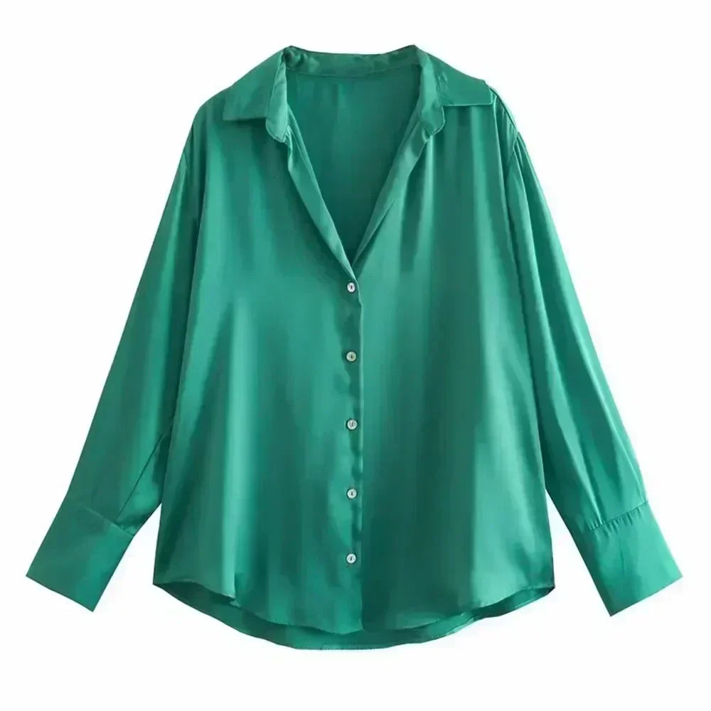 Women 2026 New Fashion Flowy Satin Loose Shirts Blouses Vintage Long Sleeve Button-up Female Shirts Chic Tops